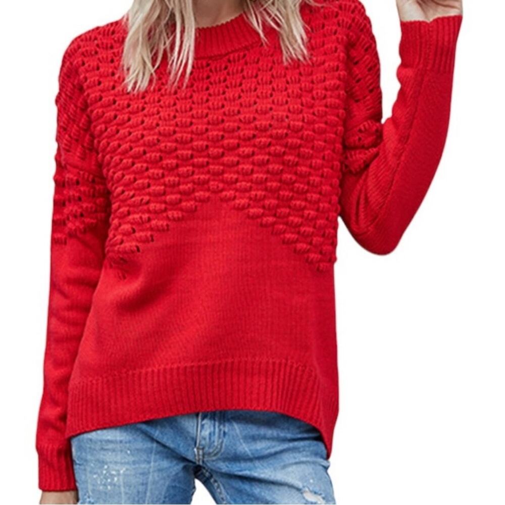 Ariana Red Pom Pom Drop Shoulder Ribbed Trim Sweater, Size Medium